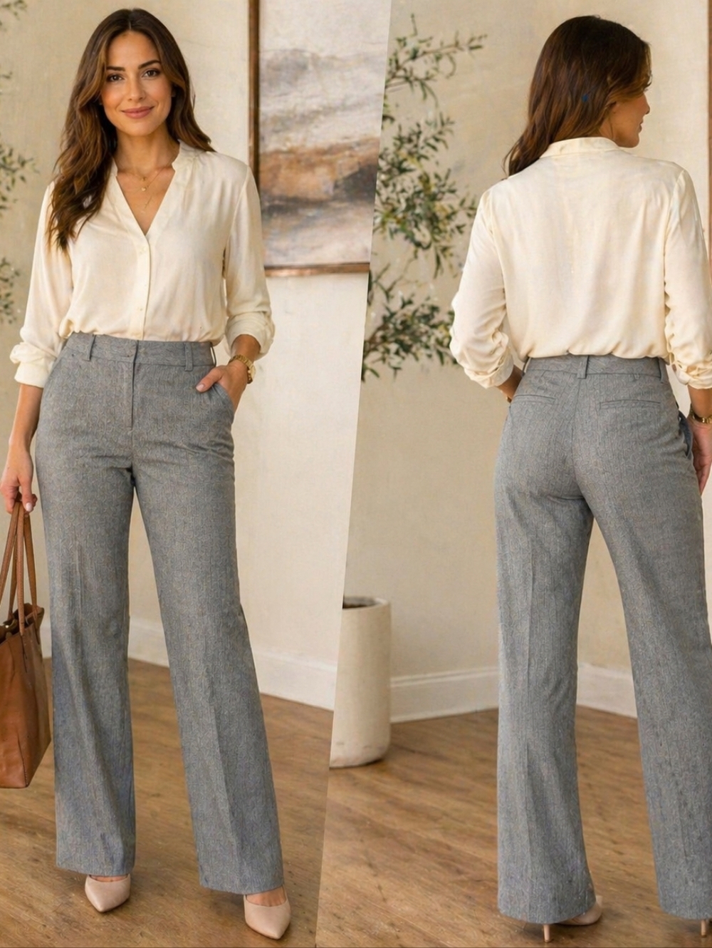 AB Studio Gray Pinstripe Trouser Pants Size 8 Business Casual Career Wide Leg St